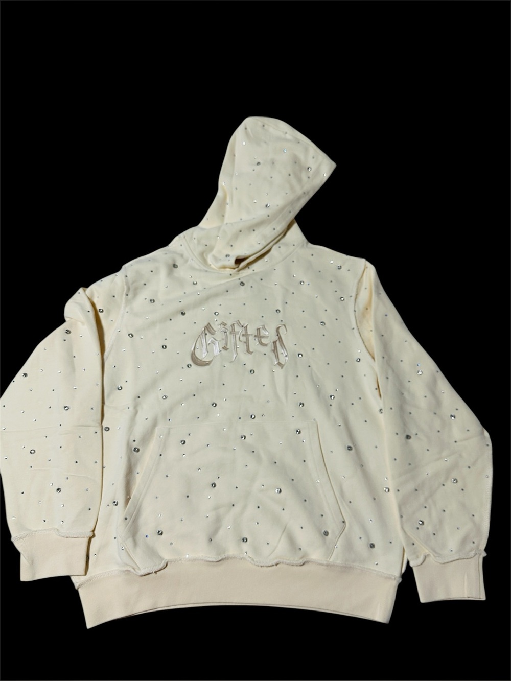 GFTD LA Rhinestone Gothic Logo Hoodie Cream Size Large